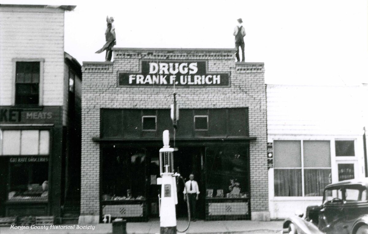 Morgan Drug storefront at 109 N Commercial Street in 1933, under the Frank F. Ulrich Drugs sign